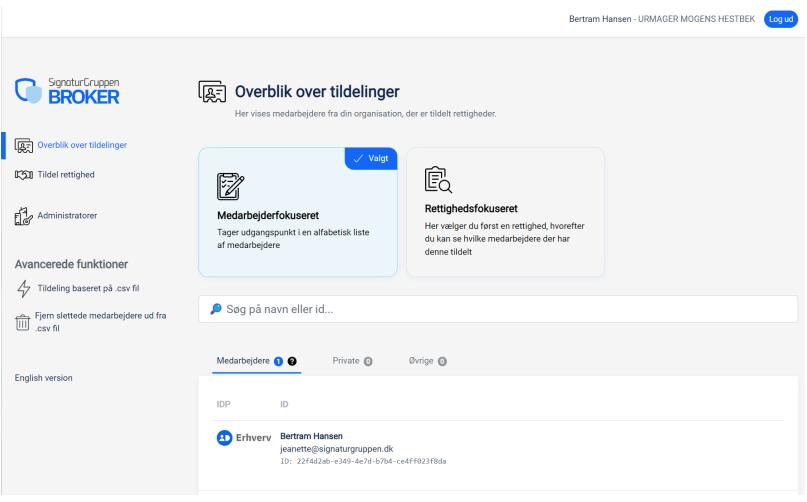 Rettighedsadminstrator modul hos Signaturgruppen Rettighedsstyring