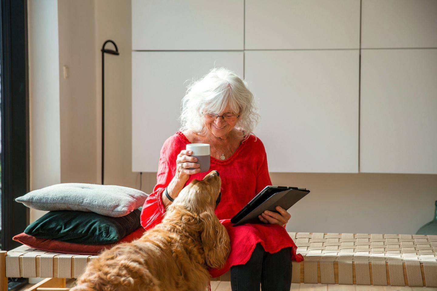 Ældre kvinde sidder i stue med sin hund, fotografi